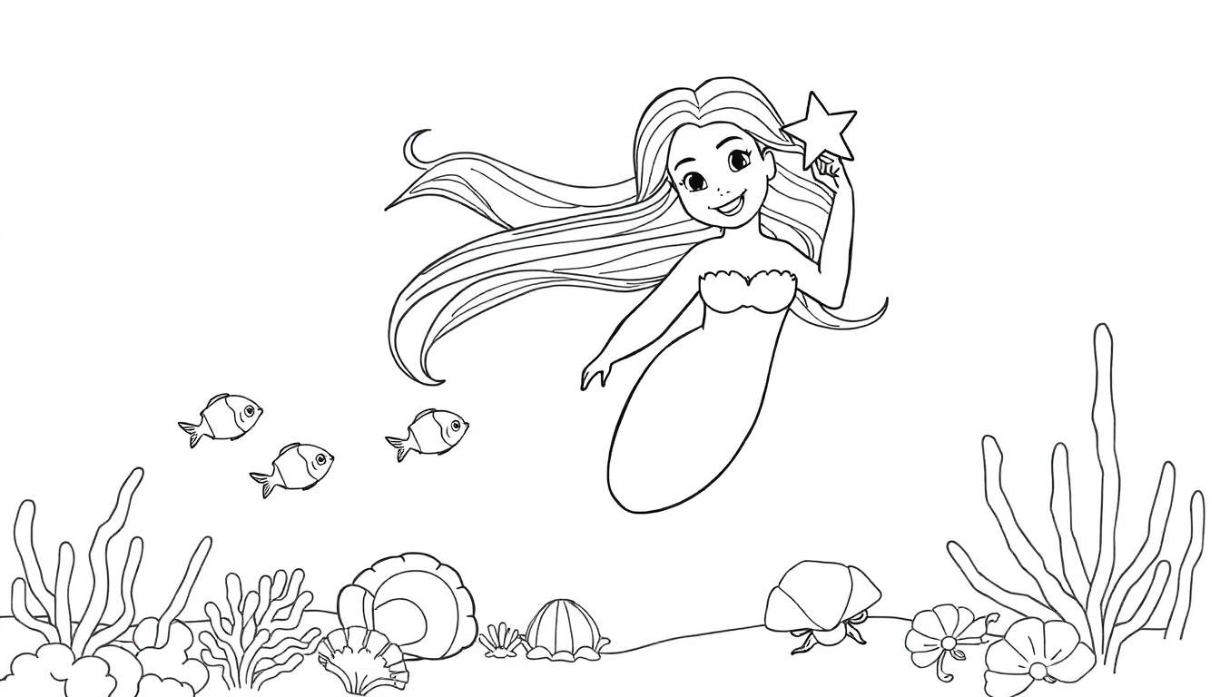 Une sirène souriante tenant une étoile de mer, entourée de poissons et de décorations sous-marines dans un style de dessin simple, idéal pour un color panel.