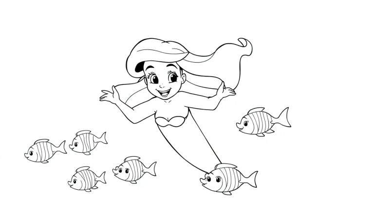 Dessin au trait d'une sirène souriante avec des poissons amicales, parfait pour un color panel.