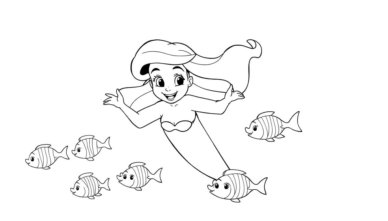 Dessin au trait d'une sirène souriante avec des poissons amicales, parfait pour un color panel.