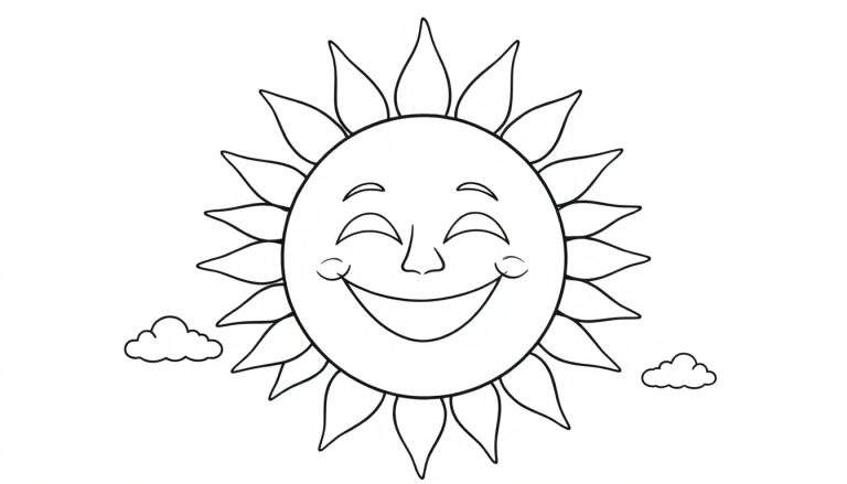 Dessin au trait noir et blanc d'un soleil souriant avec des rayons, entouré de deux petits nuages. Un color panel pour le plaisir de colorier.