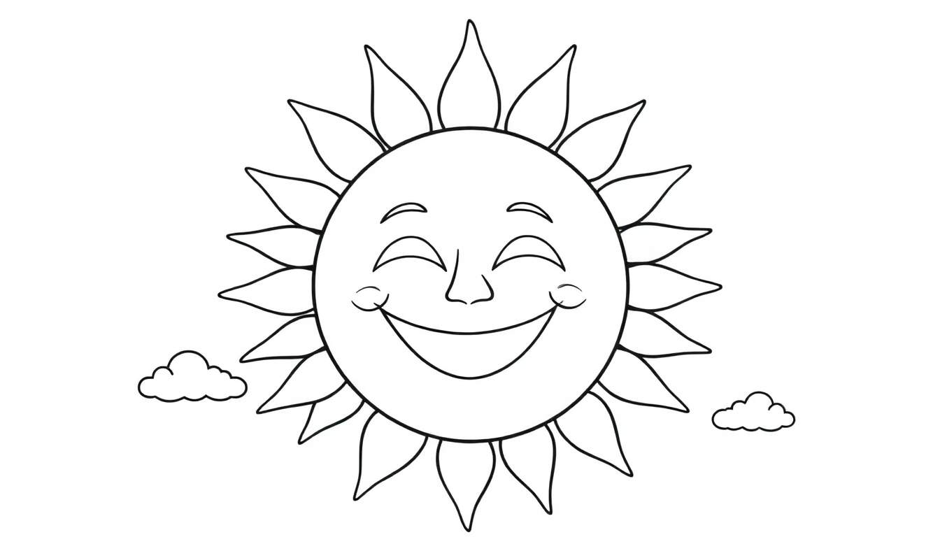 Dessin au trait noir et blanc d'un soleil souriant avec des rayons, entouré de deux petits nuages. Un color panel pour le plaisir de colorier.