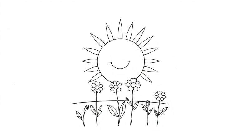 Un soleil souriant brille sur un champ de fleurs dans un dessin au trait pour un color panel.