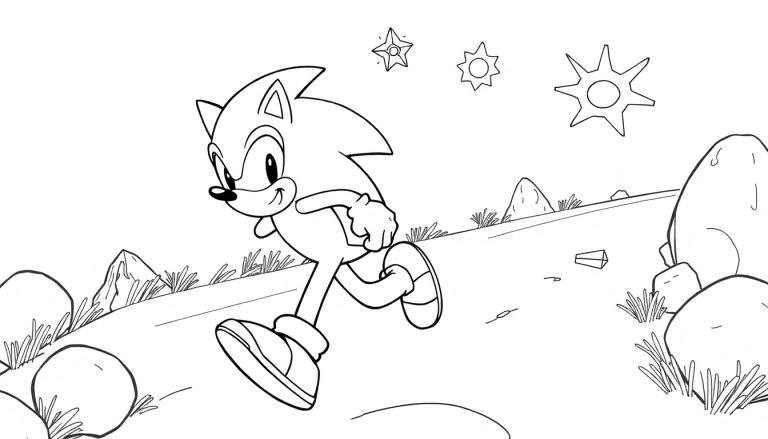 Dessin au trait de Sonic le hérisson courant sur une colline herbeuse avec trois étoiles au-dessus.