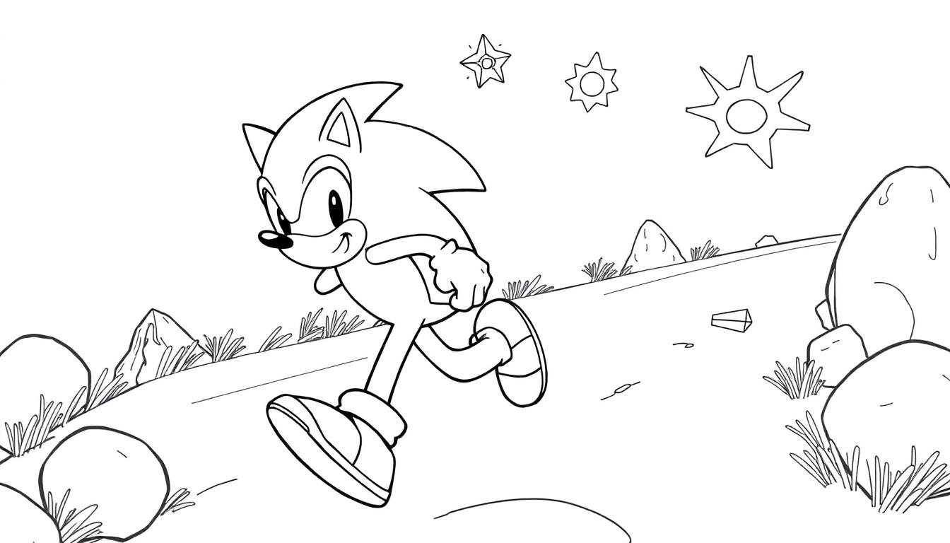 Dessin au trait de Sonic le hérisson courant sur une colline herbeuse avec trois étoiles au-dessus.