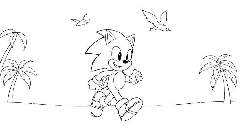 Dessin au trait de Sonic le hérisson sur une plage, style color panel.