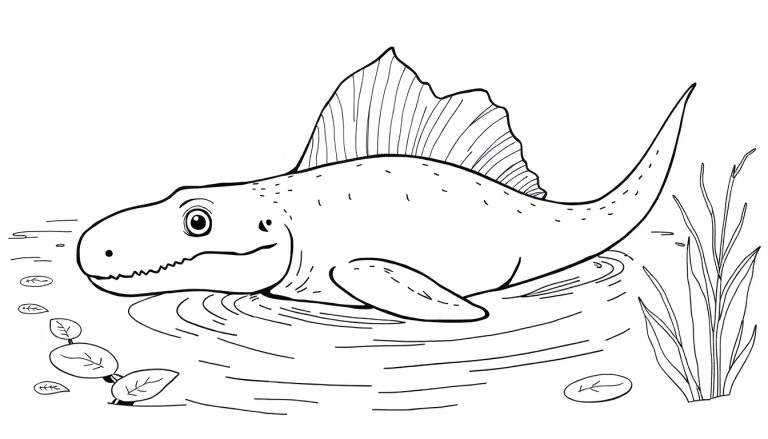 Un Spinosaurus simple et coloré nageant dans l'eau avec des plantes aquatiques.