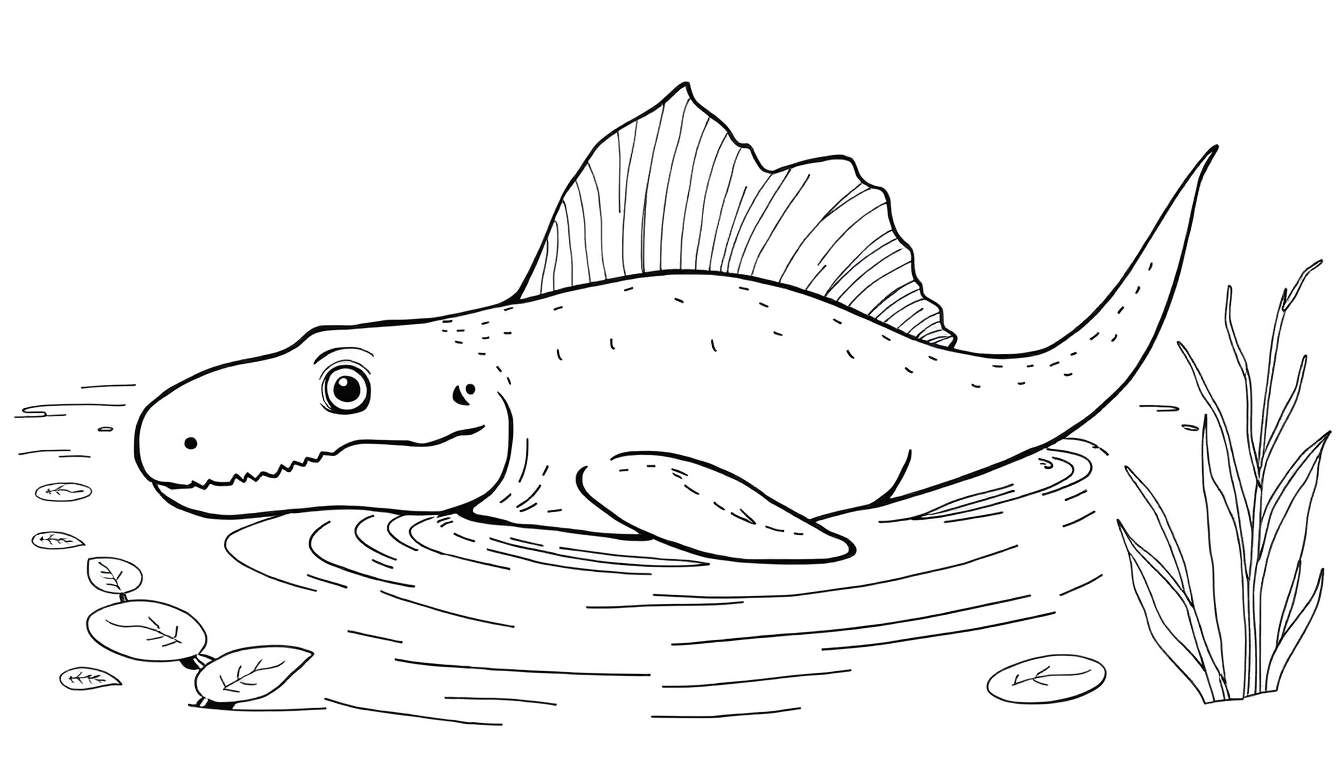 Un Spinosaurus simple et coloré nageant dans l'eau avec des plantes aquatiques.