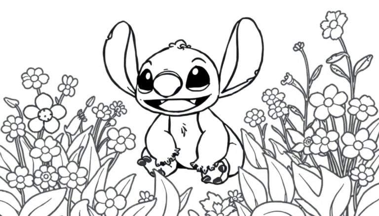 Stitch entouré de fleurs, prêt à être colorisé.