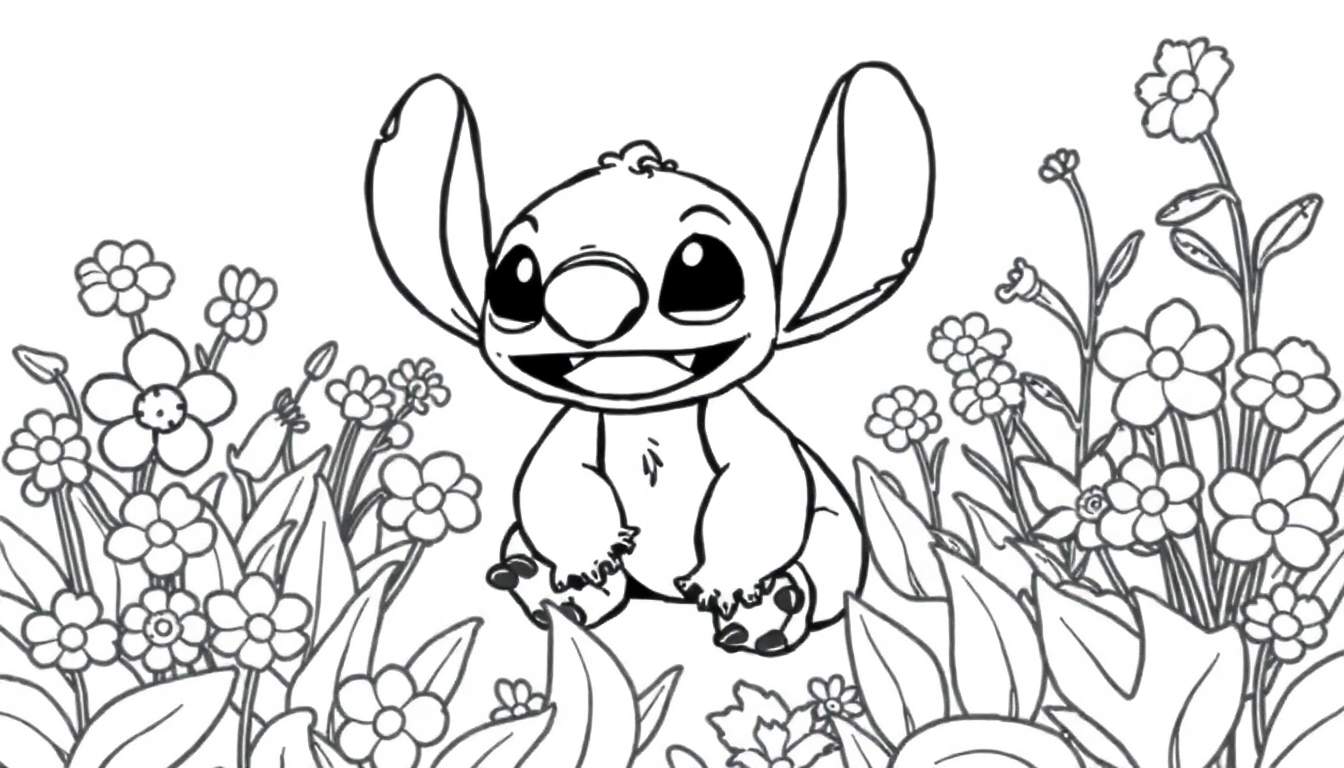 Stitch entouré de fleurs, prêt à être colorisé.
