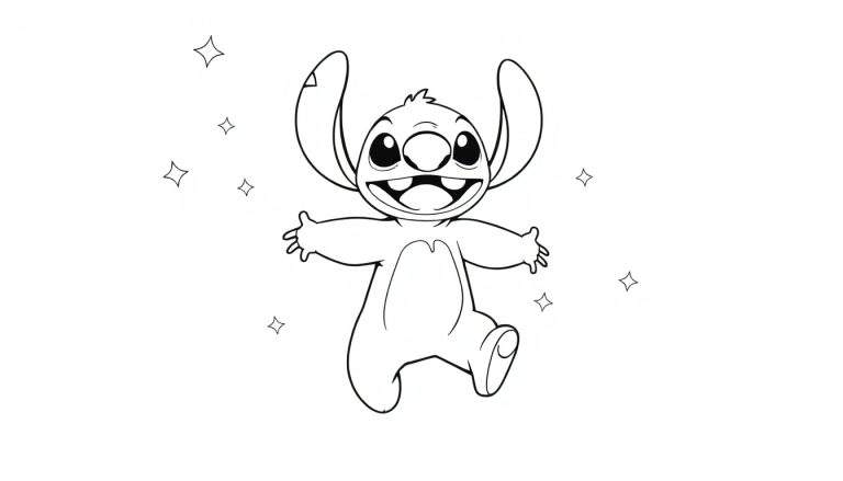 Dessin de Stitch souriant, bras ouverts, entouré d'étoiles, style livre de coloriage