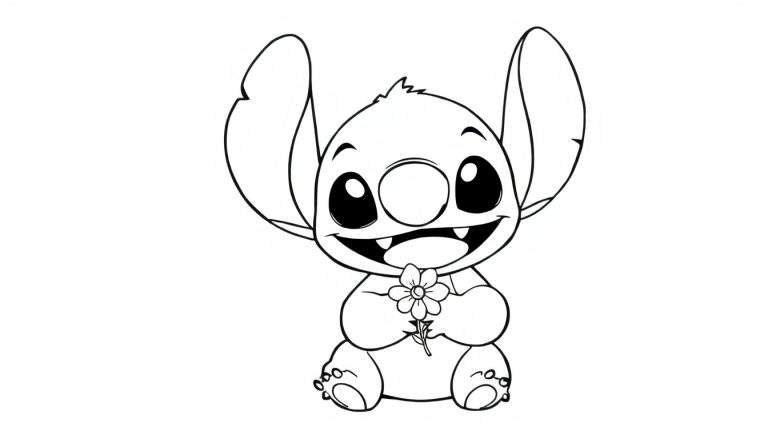 Un dessin au trait de Stitch tenant une fleur et souriant.