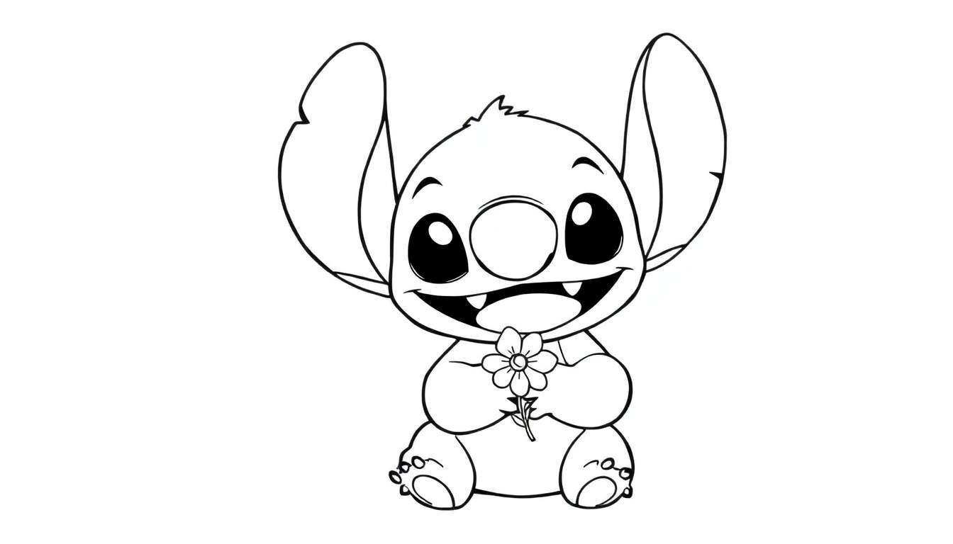 Un dessin au trait de Stitch tenant une fleur et souriant.
