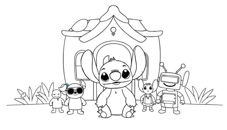 Stitch et ses amis devant une maison joyeuse, prêt pour le color panel.