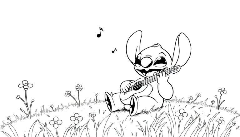 Stitch joue du ukulélé dans l'herbe avec des fleurs, un color panel à imaginer.