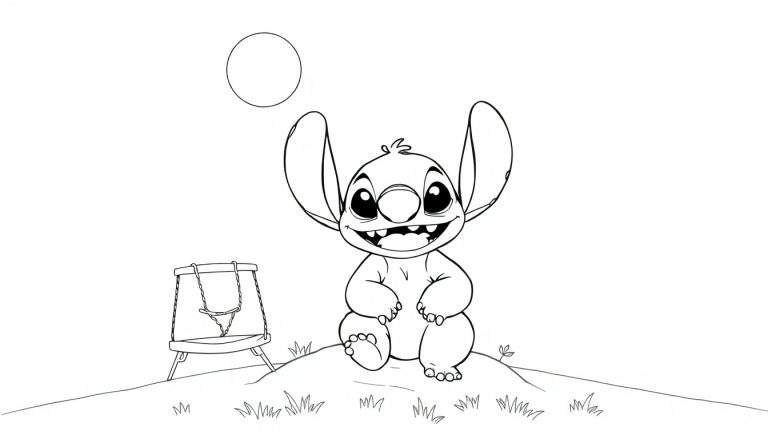 Dessin au trait noir et blanc de Stitch, le personnage de Disney, assis sur une butte d'herbe avec une balançoire à bascule et une lune en arrière-plan, prêt à être colorié.