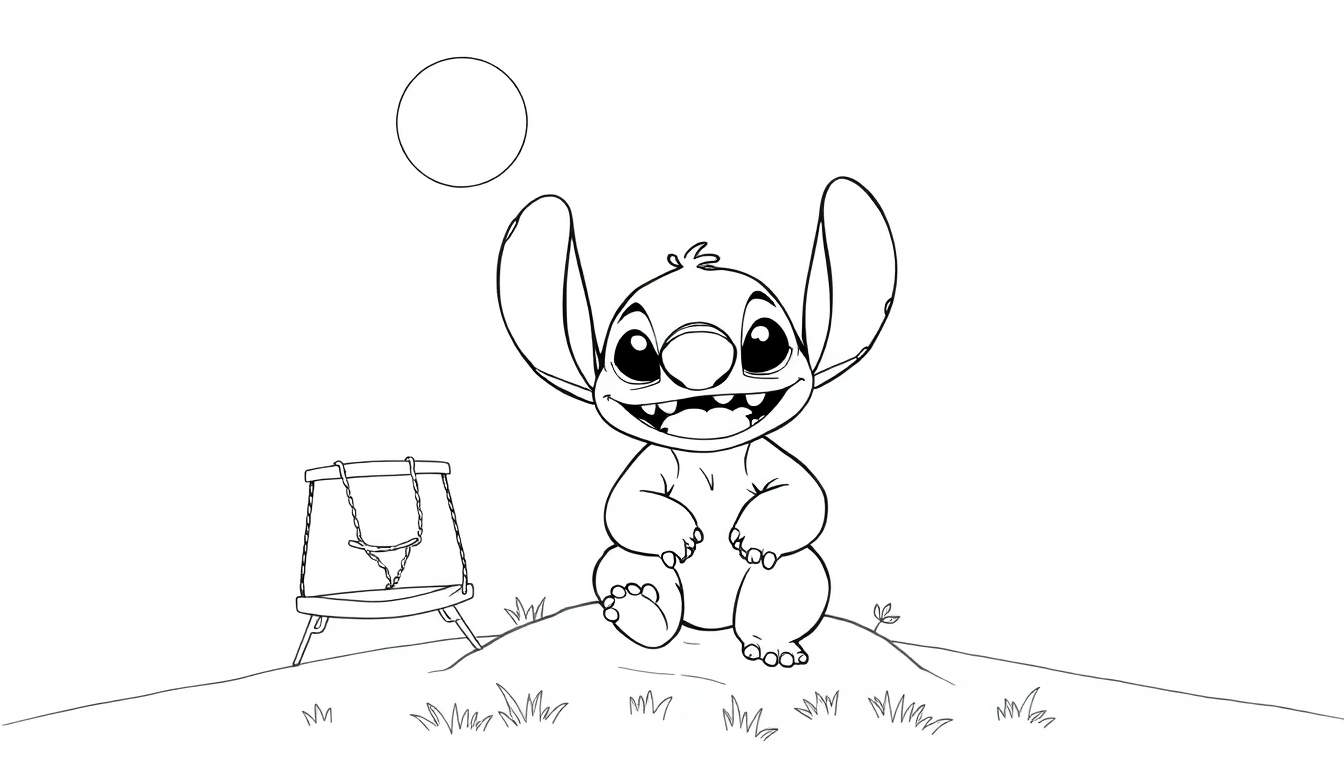 Dessin au trait noir et blanc de Stitch, le personnage de Disney, assis sur une butte d'herbe avec une balançoire à bascule et une lune en arrière-plan, prêt à être colorié.