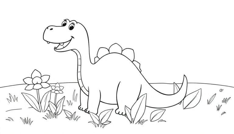 Un dessin coloré d'un stégosaure souriant, prêt à être colorié.