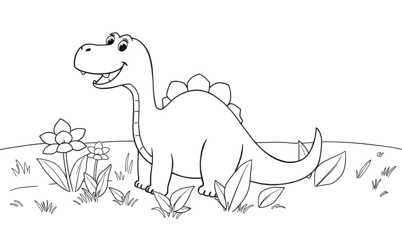 Un dessin coloré d'un stégosaure souriant, prêt à être colorié.