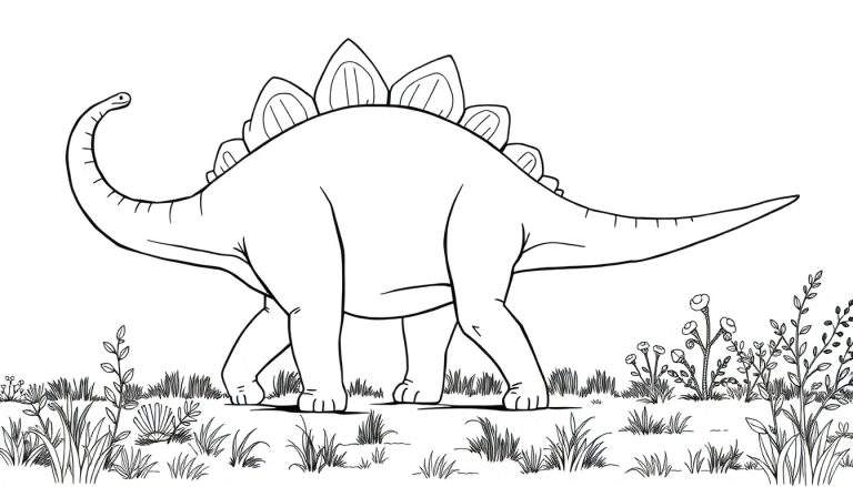 Dessin en noir et blanc d'un stégosaure dans un pré, prêt pour le coloriage, sur un color panel.