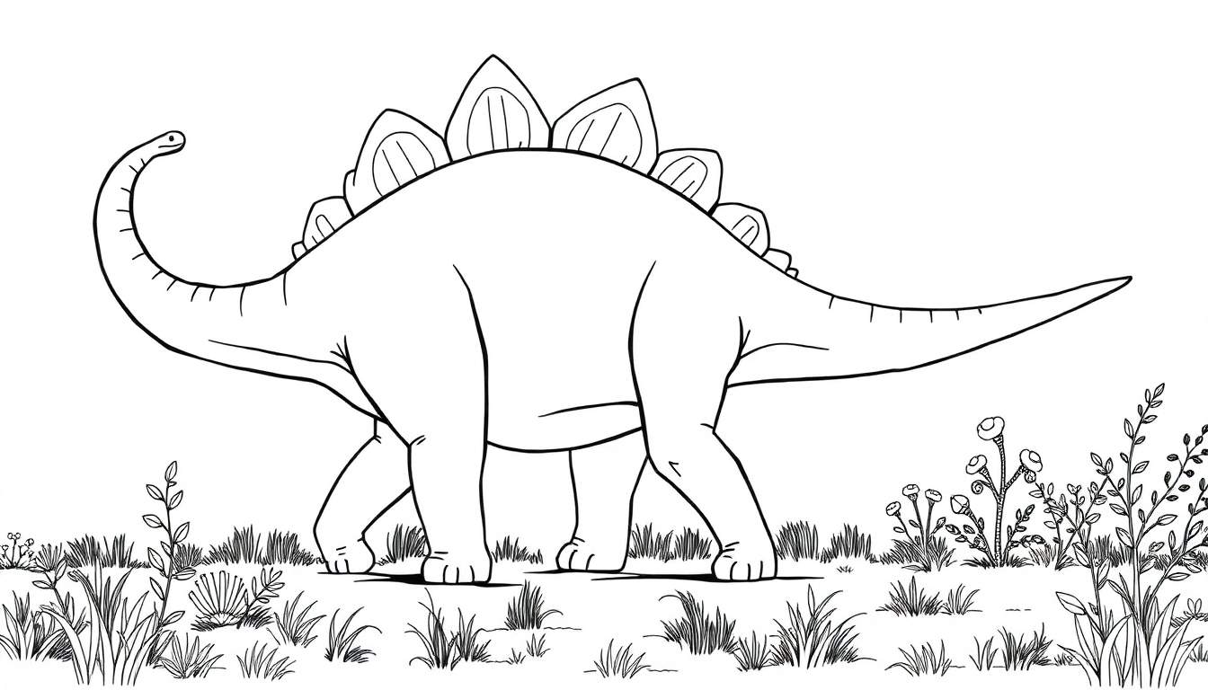 Dessin en noir et blanc d'un stégosaure dans un pré, prêt pour le coloriage, sur un color panel.