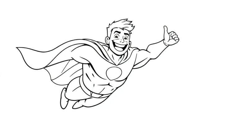 Dessin au trait d'un super-héros joyeux en plein vol, avec une cape flottante et un pouce levé.