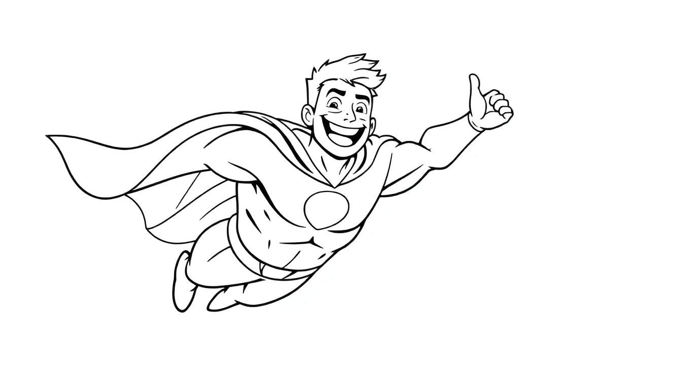 Dessin au trait d'un super-héros joyeux en plein vol, avec une cape flottante et un pouce levé.