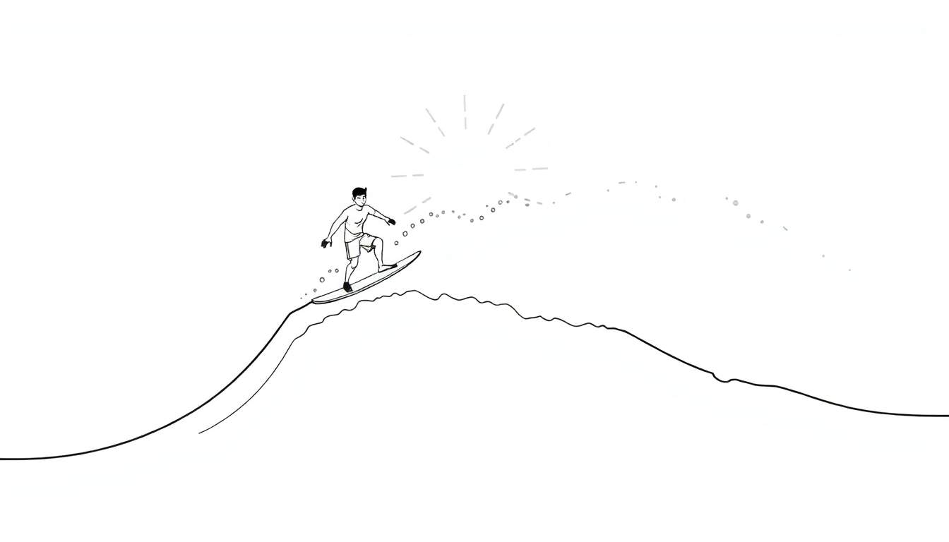 Dessin en noir et blanc d'un surfeur sur une vague sous un soleil stylisé.