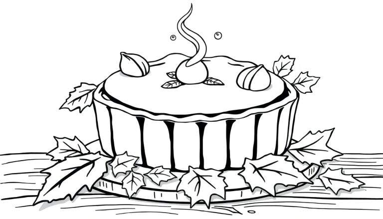 Illustration en noir et blanc d'une tarte automnale décorée de noisettes et de feuilles sur une planche à découper.