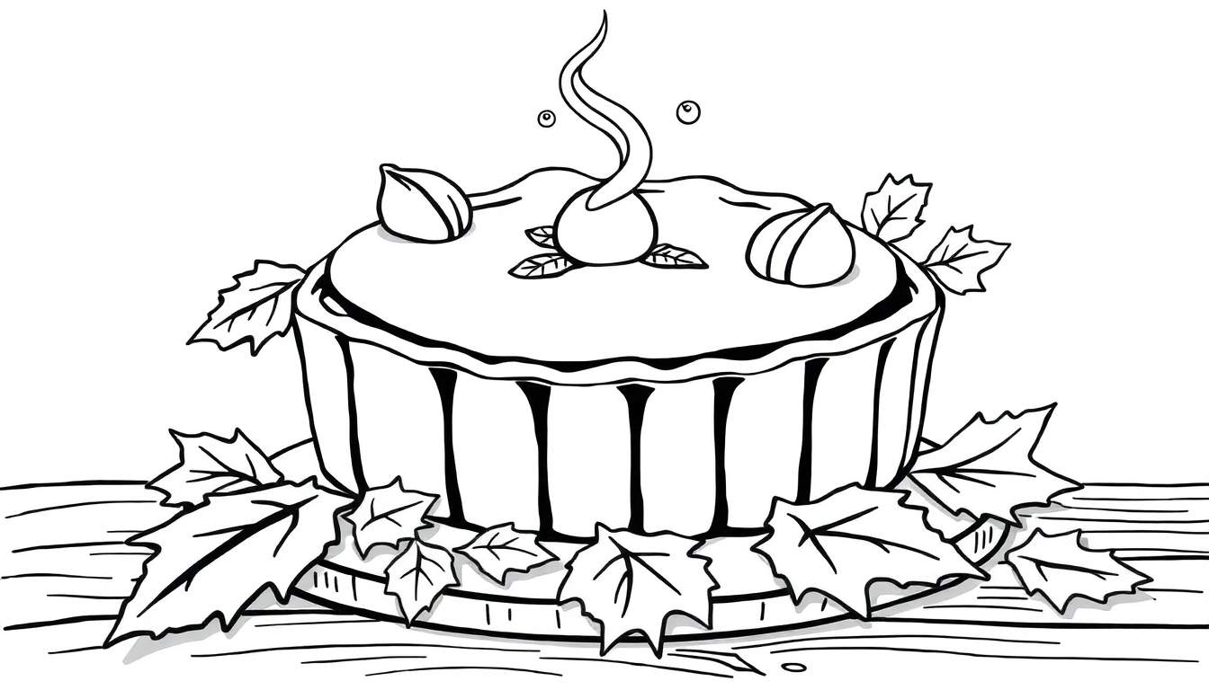 Illustration en noir et blanc d'une tarte automnale décorée de noisettes et de feuilles sur une planche à découper.