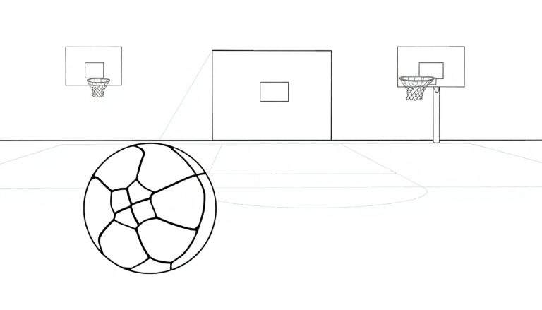 Dessin au trait noir d'un terrain de basket avec un ballon, deux paniers et un panneau central.