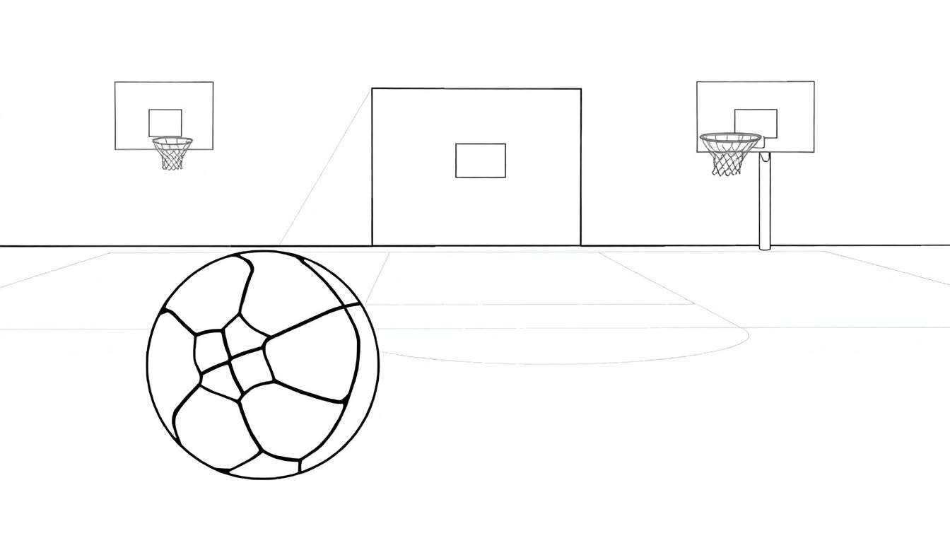 Dessin au trait noir d'un terrain de basket avec un ballon, deux paniers et un panneau central.