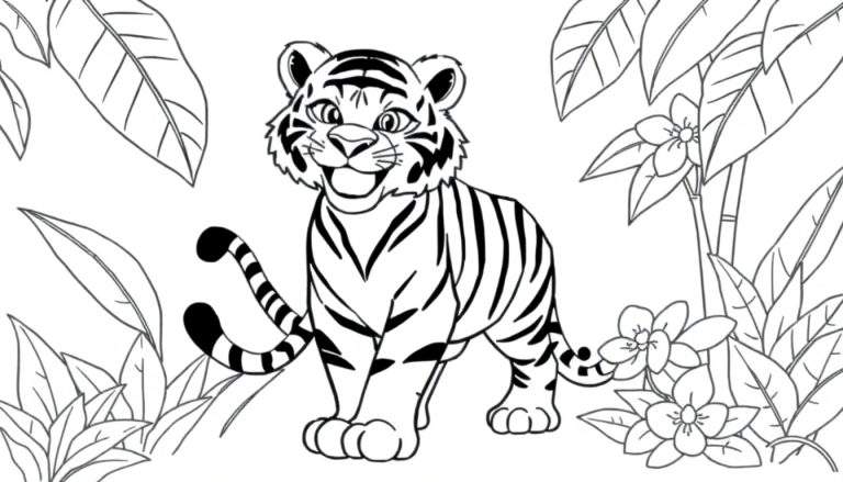 Dessin au trait d'un tigre souriant dans une jungle avec un color panel.