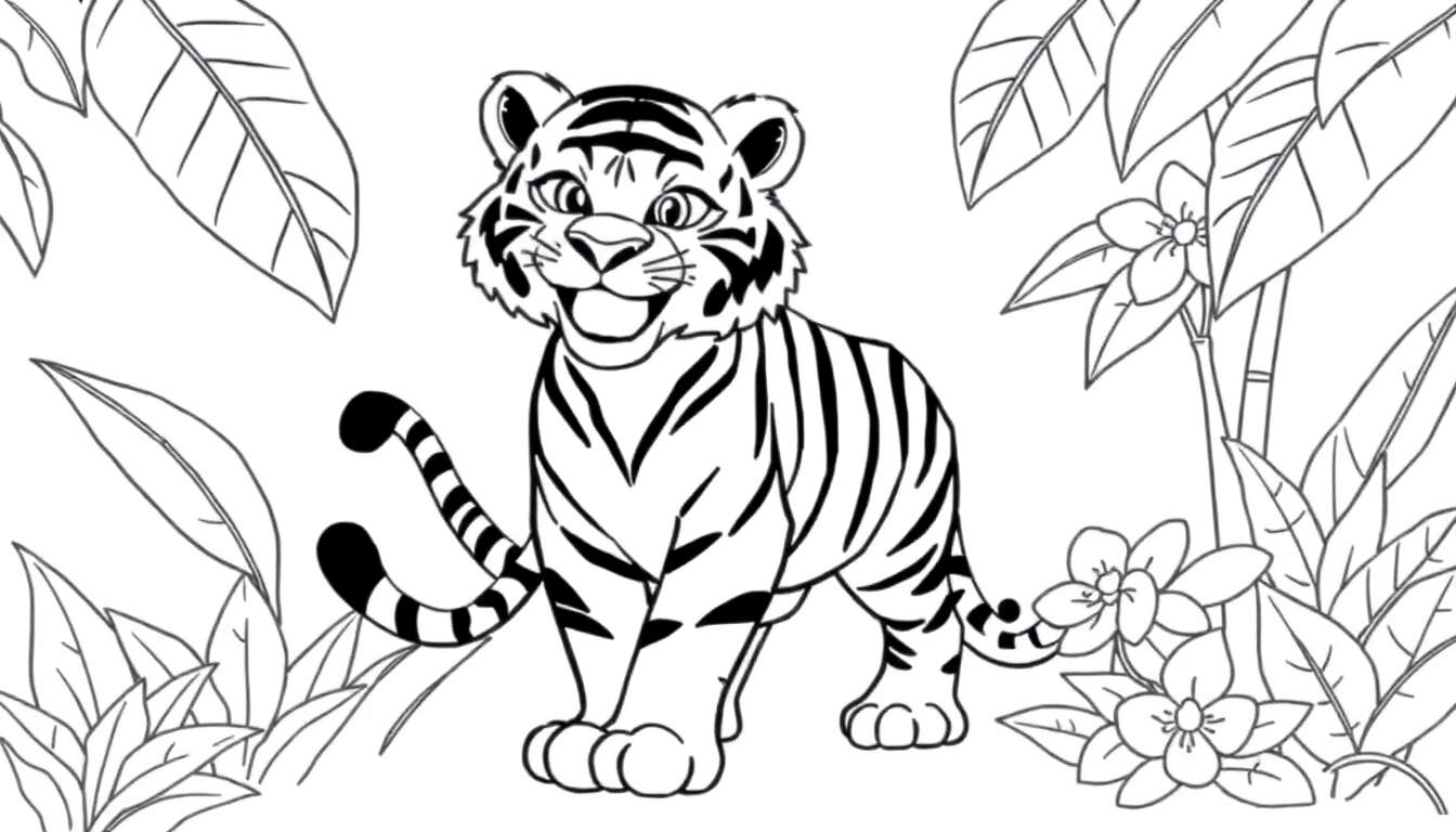 Dessin au trait d'un tigre souriant dans une jungle avec un color panel.