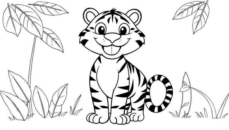 Dessin au trait d'un tigre de dessin animé souriant, avec des feuilles tropicales, prêt à être colorié dans un color panel.