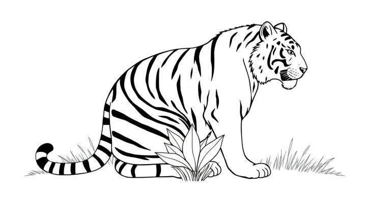 Un dessin en noir et blanc d'un tigre assis dans l'herbe, prêt à être colorié dans un color panel.
