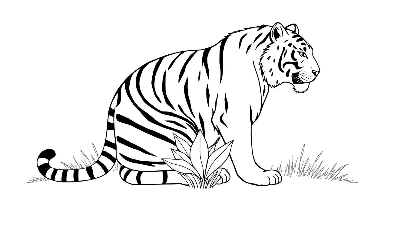 Un dessin en noir et blanc d'un tigre assis dans l'herbe, prêt à être colorié dans un color panel.