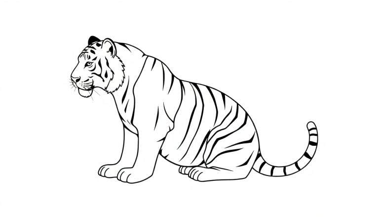 Dessin au trait d'un tigre assis de profil, prêt à être colorié.