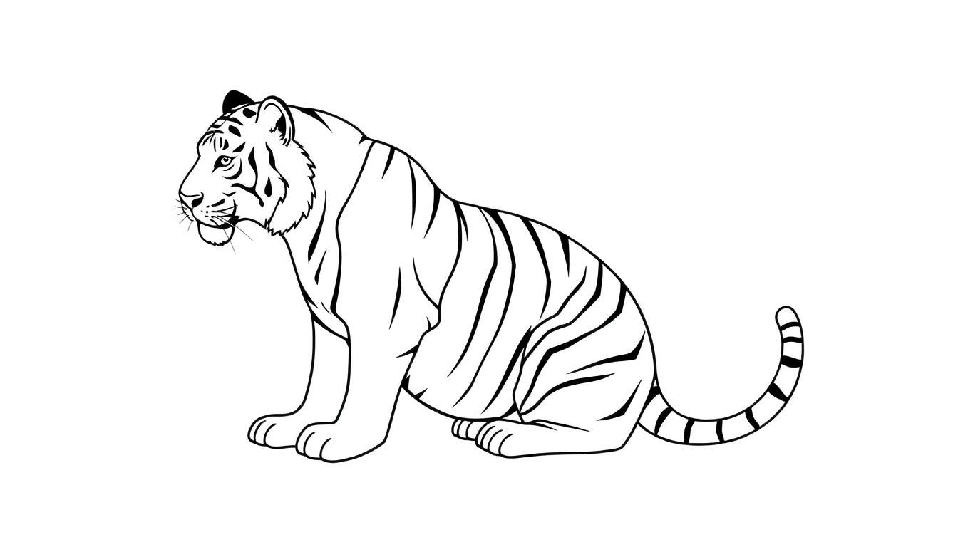 Dessin au trait d'un tigre assis de profil, prêt à être colorié.