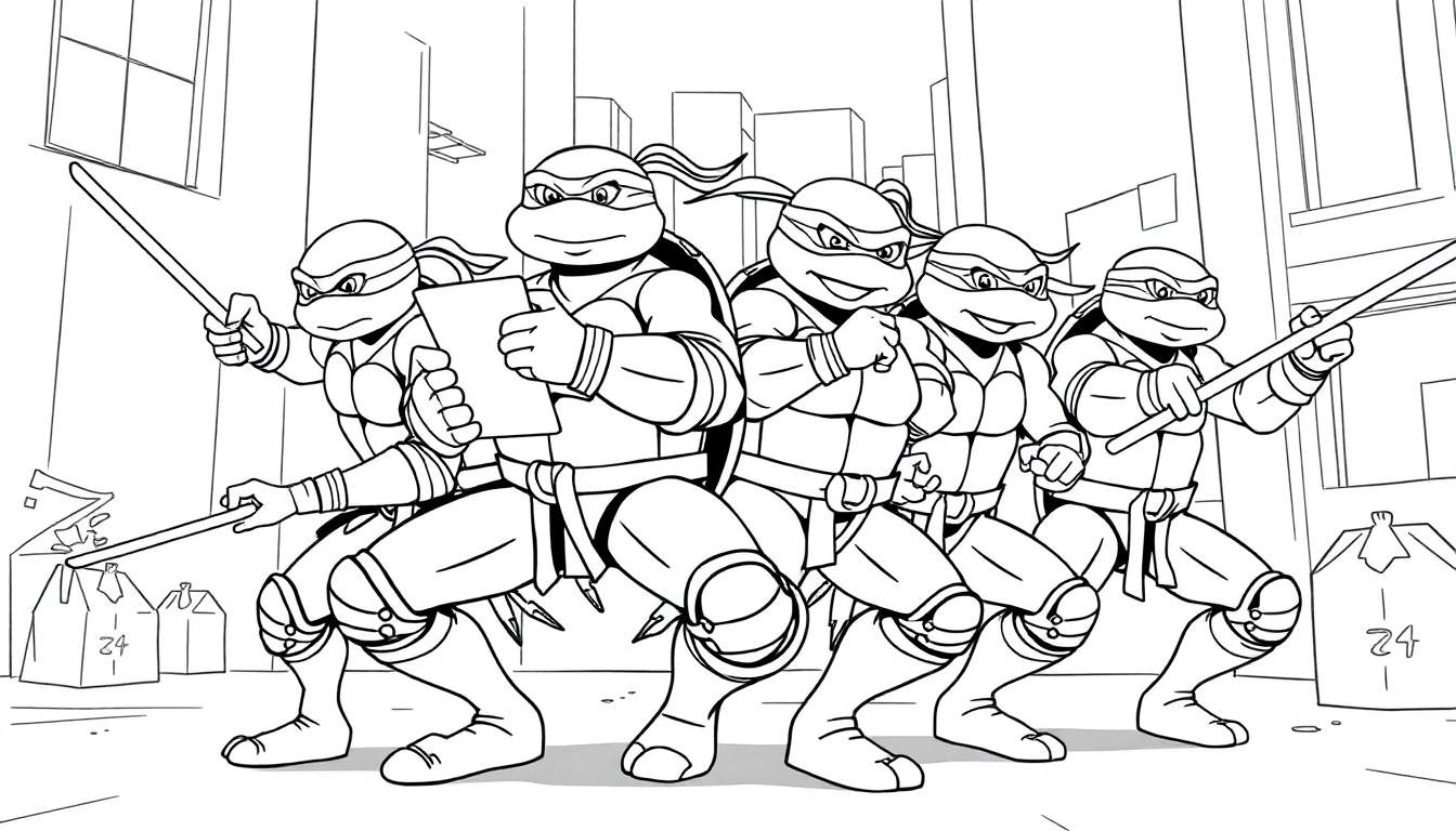 Color panel des Tortues Ninja en action dans la ville.