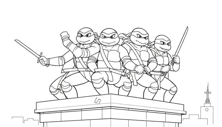 Les Tortues Ninja sur un toit, prêtes à l'action, avec des épées.