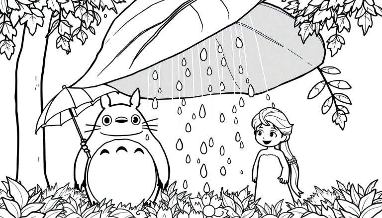 Planche couleur de Totoro et Elsa se tenant sous une grande feuille comme parapluie pendant qu'il pleut dans une forêt.