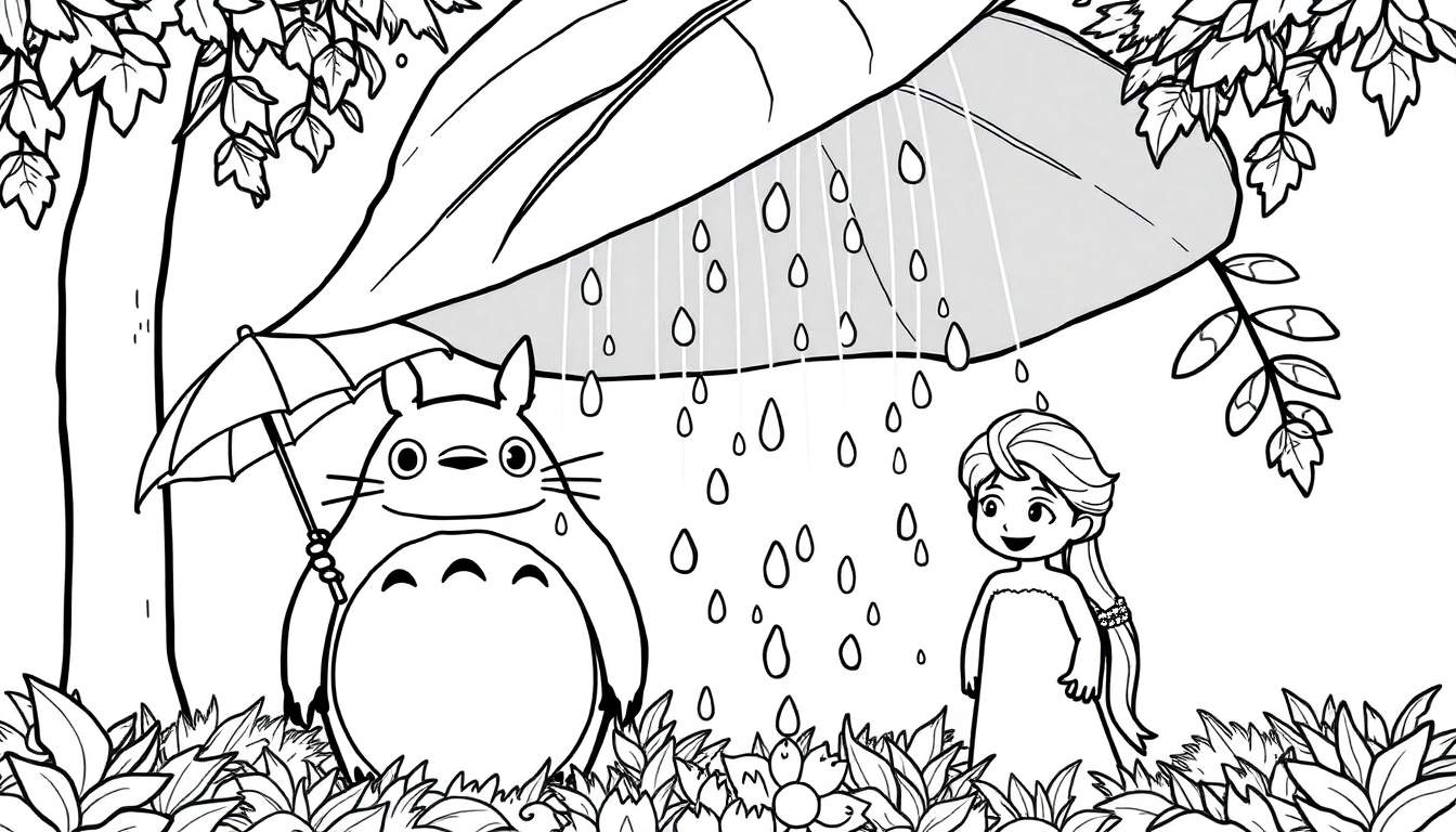 Planche couleur de Totoro et Elsa se tenant sous une grande feuille comme parapluie pendant qu'il pleut dans une forêt.