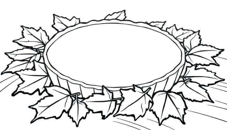 Un dessin au trait d'une tourte entourée de feuilles d'érable, avec un color panel imaginaire prêt à être rempli.