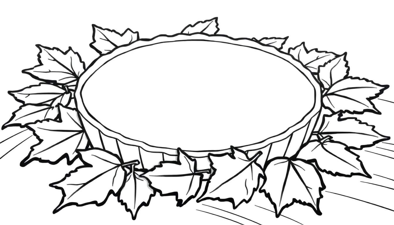 Un dessin au trait d'une tourte entourée de feuilles d'érable, avec un color panel imaginaire prêt à être rempli.