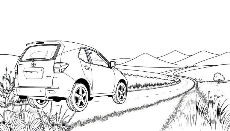 Dessin au trait d'une Toyota sur une route de campagne, avec des montagnes et un arbre.