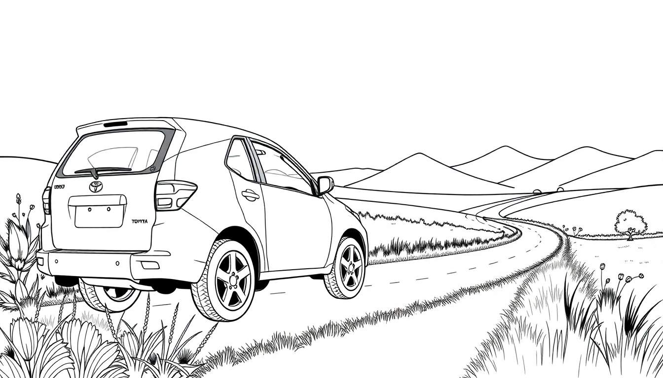 Dessin au trait d'une Toyota sur une route de campagne, avec des montagnes et un arbre.