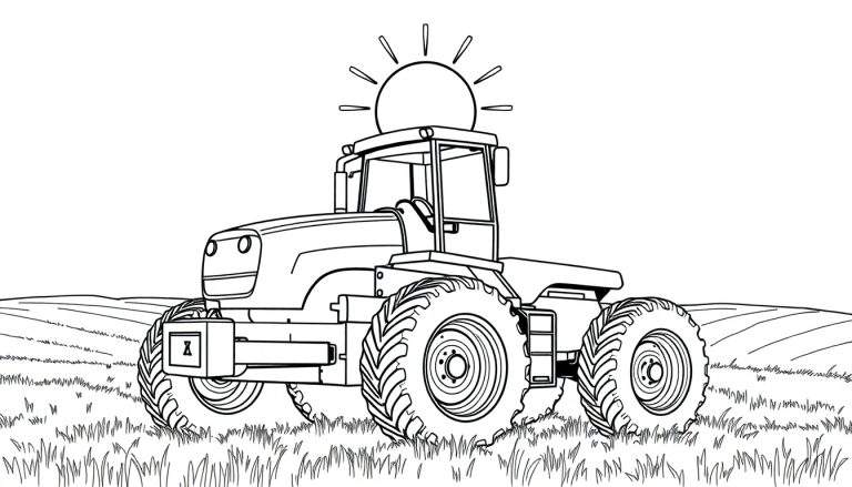 Un dessin au trait en noir et blanc d'un tracteur moderne dans un champ herbeux avec un soleil au-dessus, faisant partie d'un color panel.