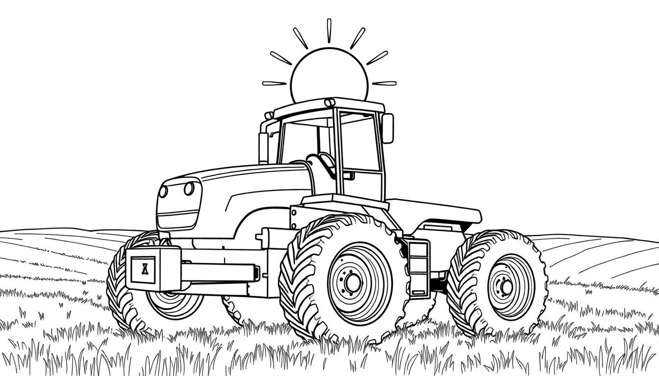 Un dessin au trait en noir et blanc d'un tracteur moderne dans un champ herbeux avec un soleil au-dessus, faisant partie d'un color panel.