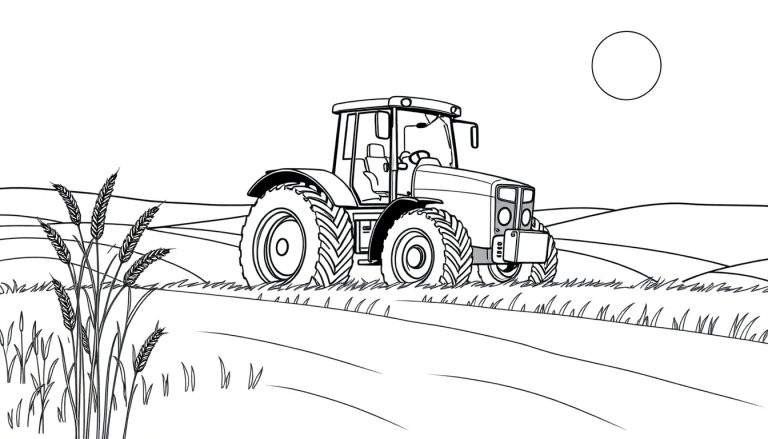 Un dessin au trait d'un paysage agricole avec un tracteur rouge au premier plan.