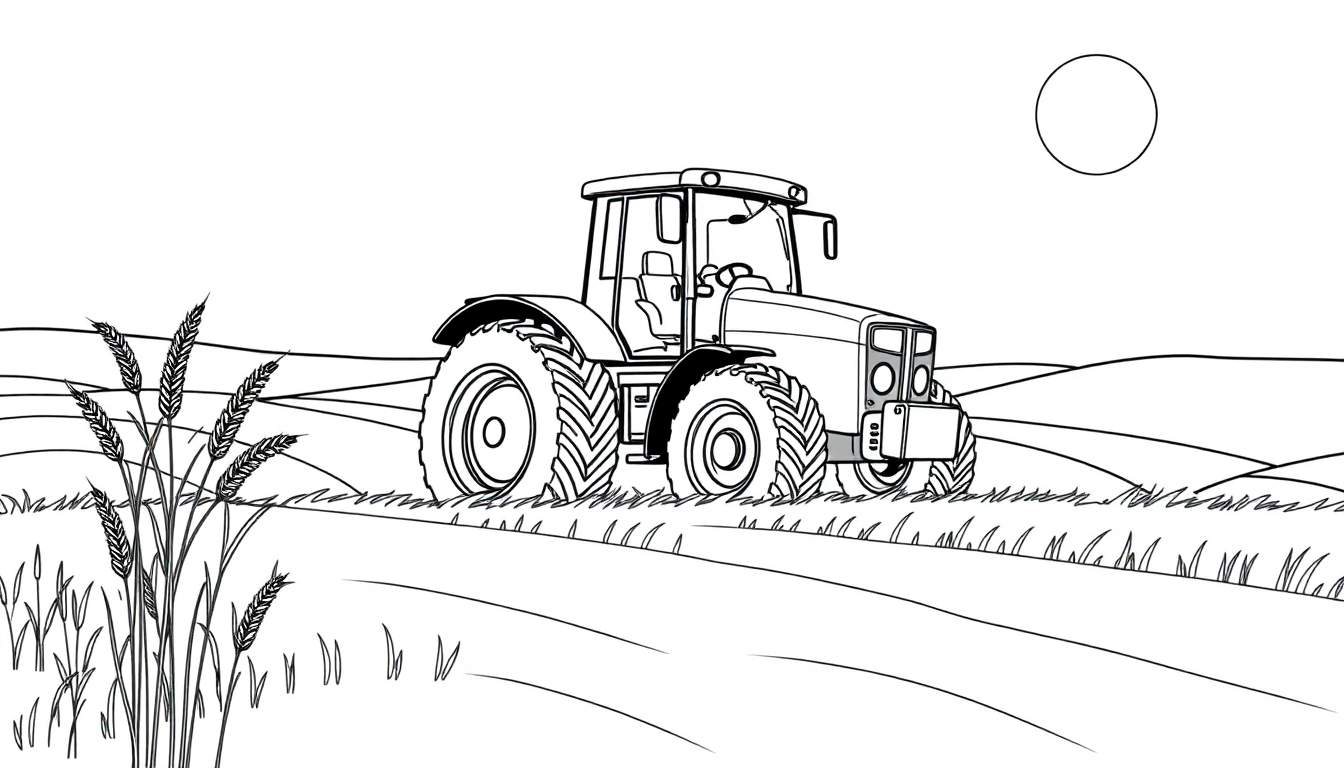 Un dessin au trait d'un paysage agricole avec un tracteur rouge au premier plan.